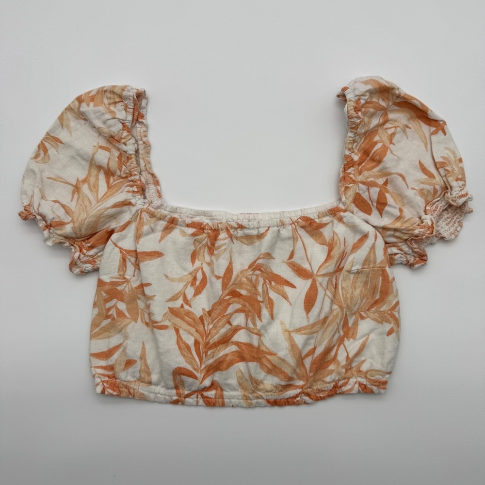 Abercrombie & Fitch‎ Women Orange Tropical Palm Leaf Puff Sleeve Crop Top Small